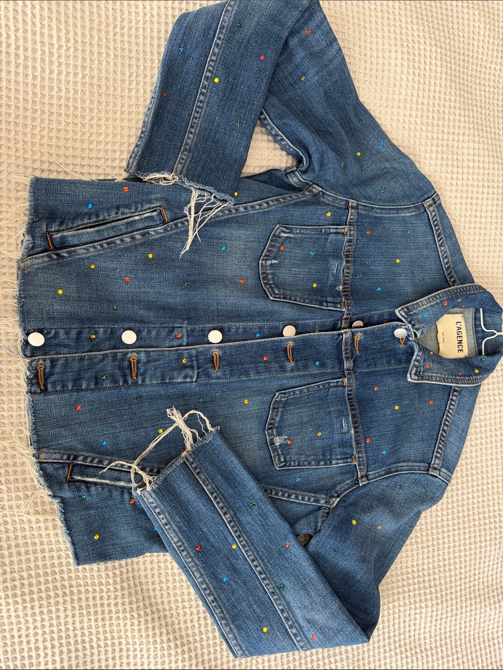 L'AGENCE Janel Blue Denim Jacket with Multicolor Stud Dots - Picture 4 of 6